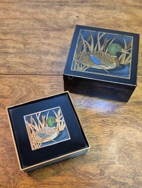 OTAGIRI Vintage Lacquerware 'Golden Mallard' Duck Coasters and Matching Box